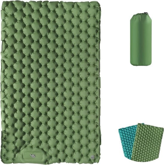 Schiene di Campeggio per 2 Persone, Matrimoniale, Autopneumatica, Pieno di Aria, Matrimoniale, Portatile, Ultraleggera, Piena di Aria, con Pompino per la Piena di Aria per Tenda da Campeggio, Escursioni, Verde