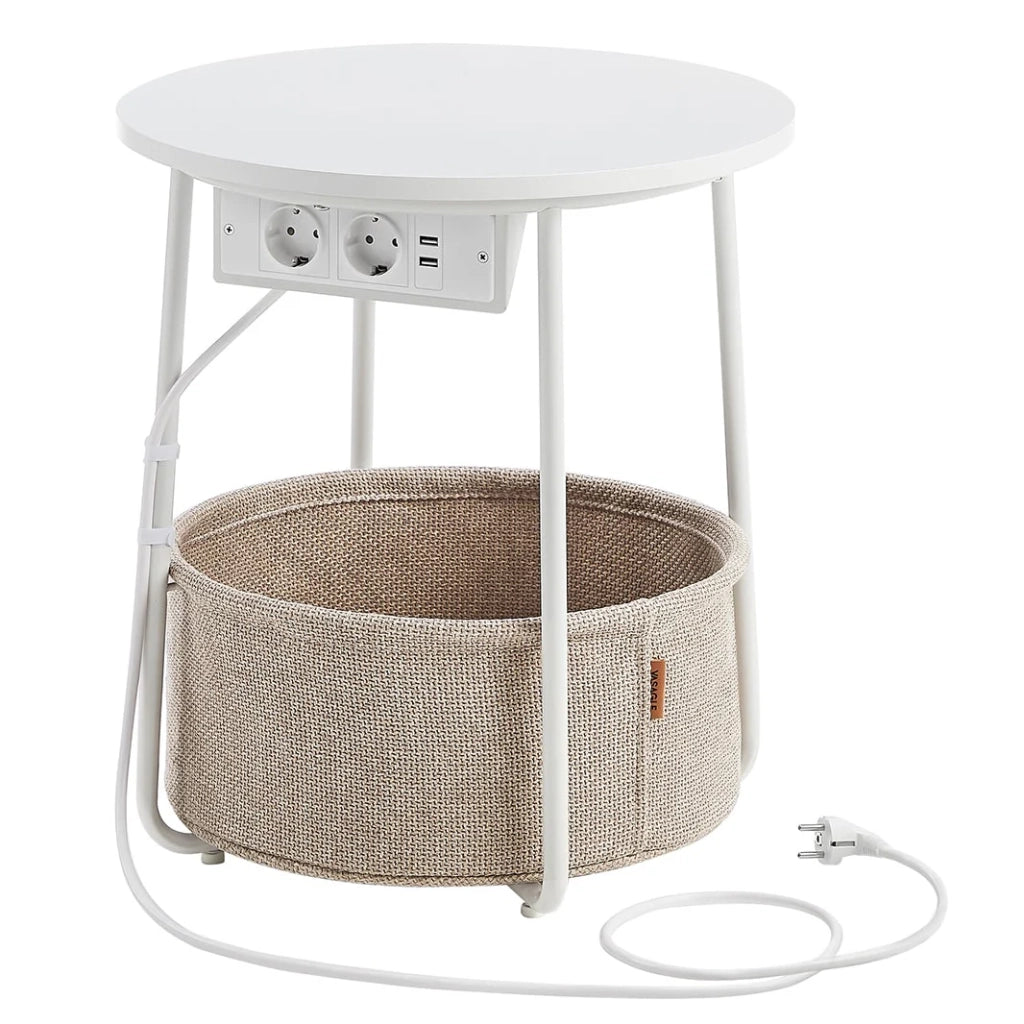 Tavolino rotondo piccolo con cestino in tessuto 45 x 50 cm contenitore per soggiorno/camera da letto/comodino stile moderno bianco 12_0006929