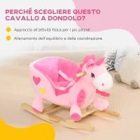 Cavallo a Dondolo Unicorno con 32 Canzoni, Base in Legno e Cintura di Sicurezza, Età 18-36 Mesi, Rosa