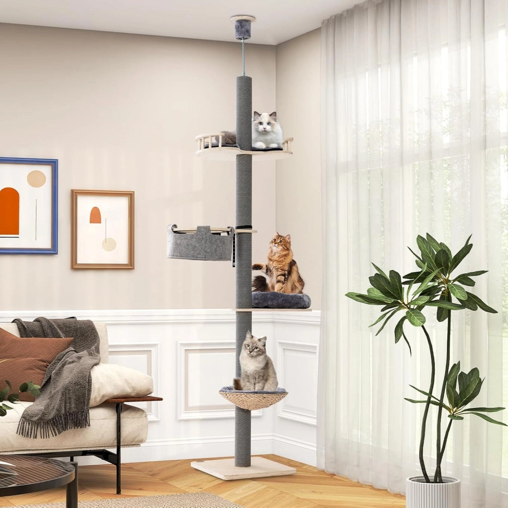 Albero per Gatti da Pavimento a Soffitto con Altezza Regolabile da 236 a 271 cm, Torre per Gatti in Legno a 5 Piani con Amaca, Letto e Cesta e Tiragraffi
