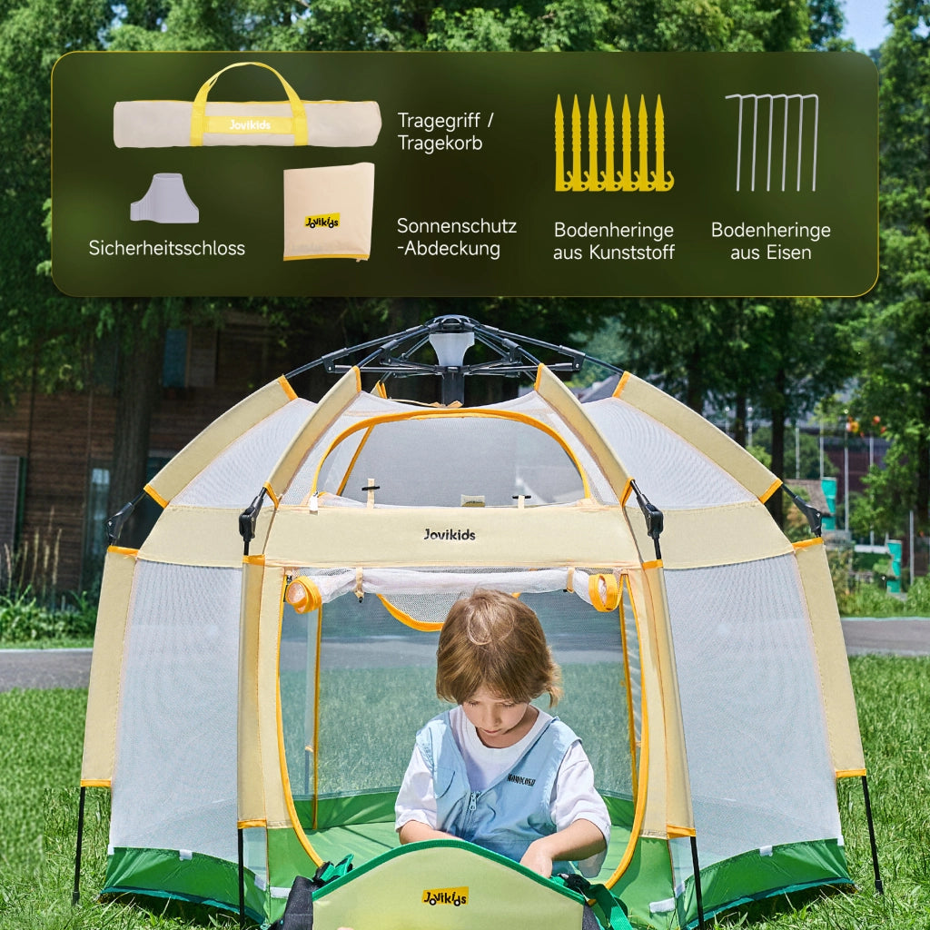 Lettino da gioco pop-up per bambini 150x150x105 cm; con tettuccio; verde e giallo