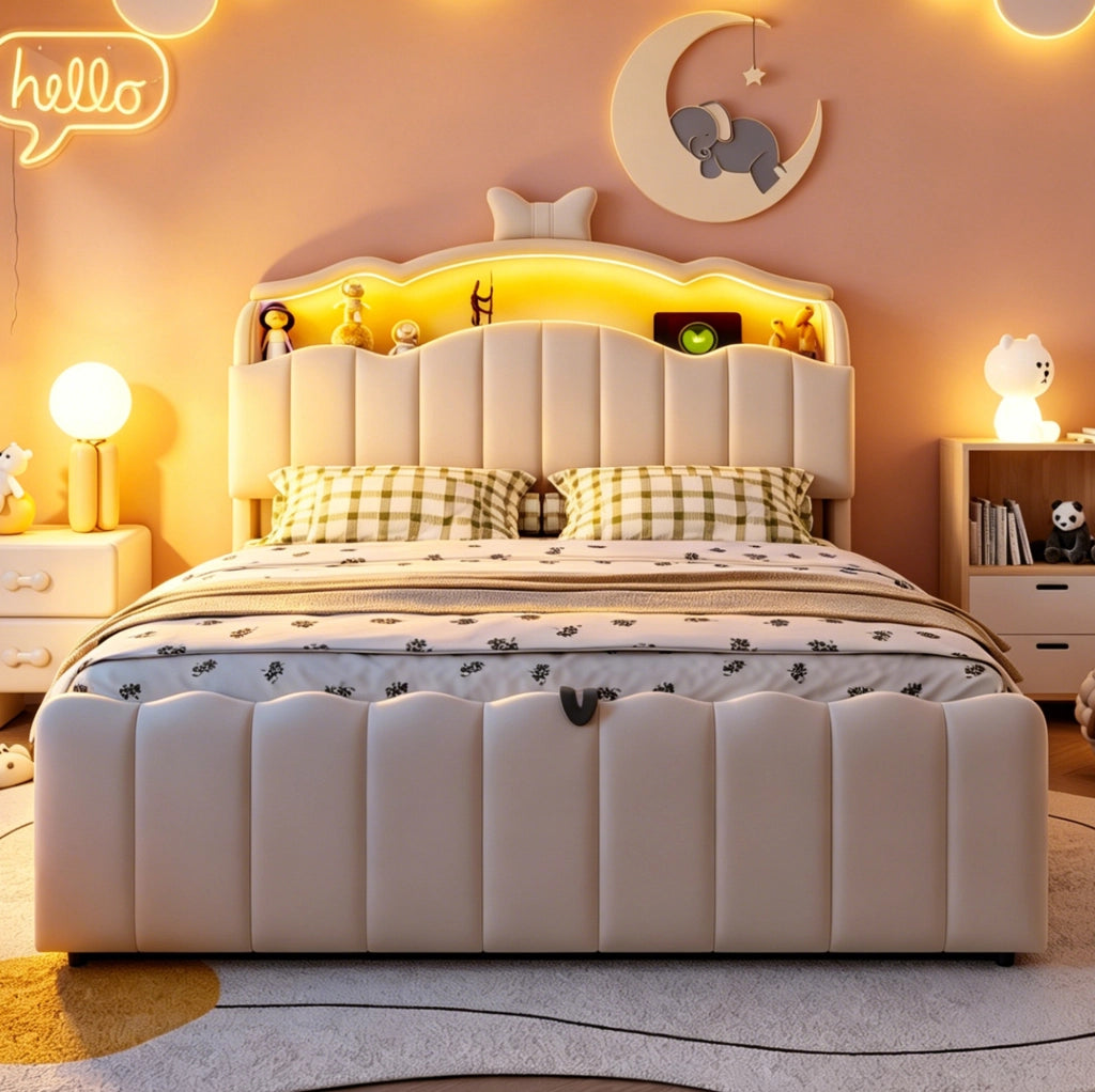 Letto per bambini imbottito 140x200 cm in velluto beige con contenitore; LED e porte USB