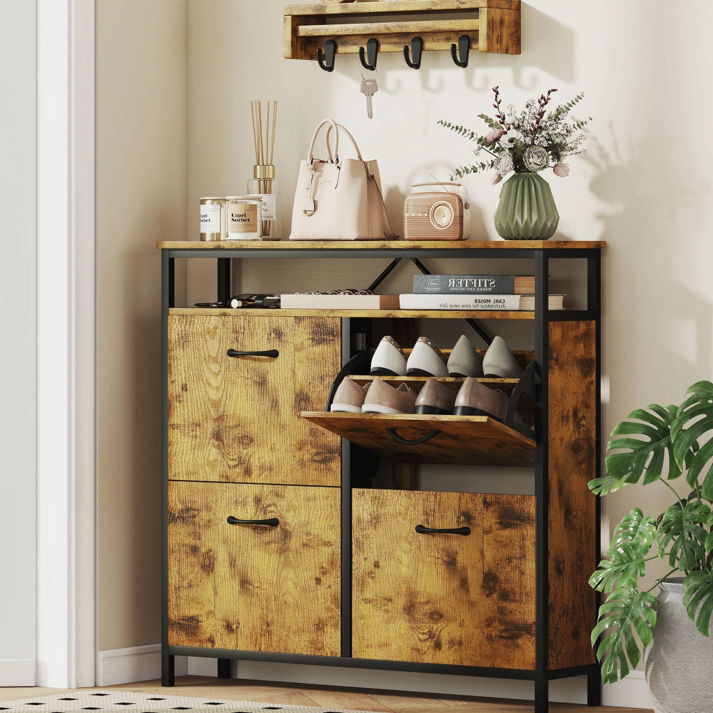 Armadio per scarpe con 4 cassetti pieghevoli ¨C zephmum ¨C Stile sottile, scaffale aperto, acciaio, marrone