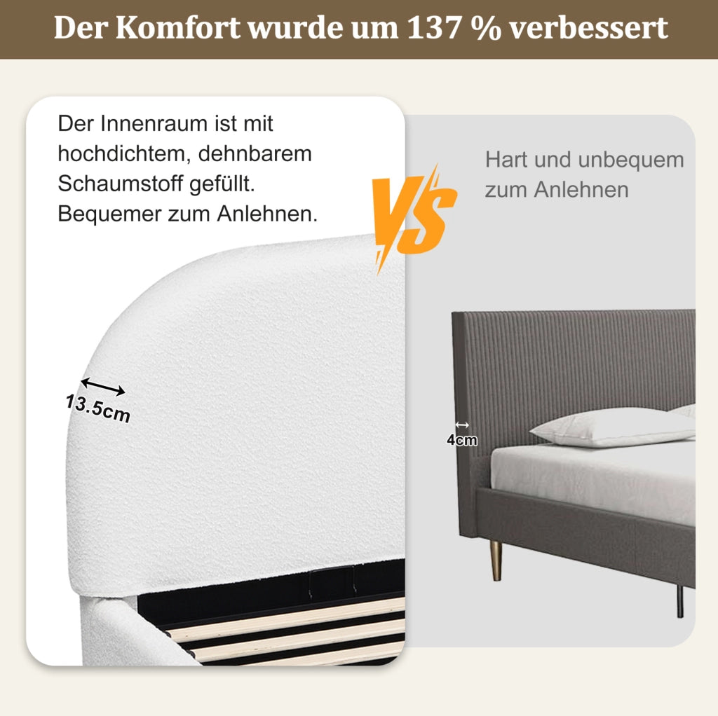 Letto imbottito con contenitore idraulico in bouclé beige
