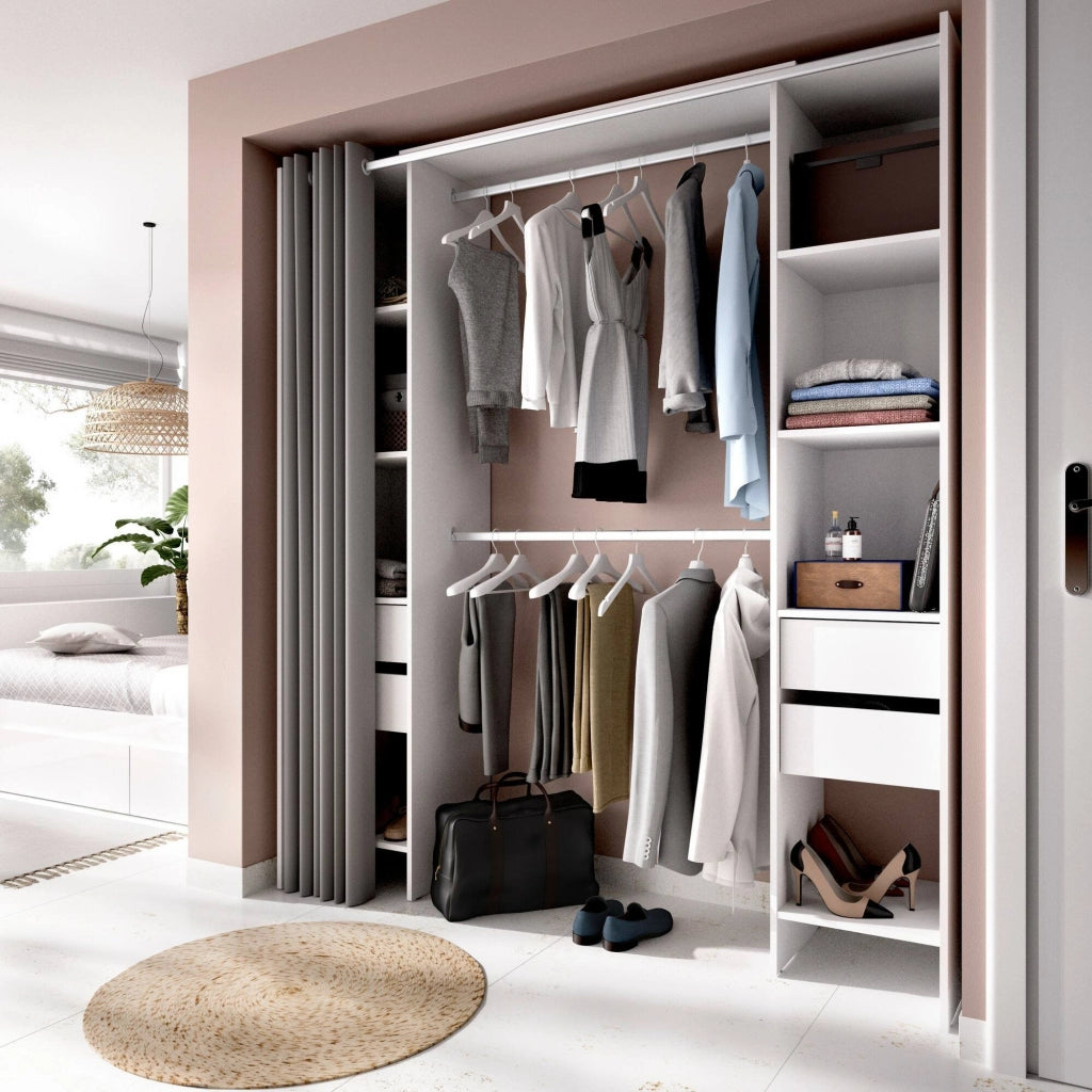Guardaroba Era, Struttura per cabina armadio, Mobile appendiabiti aperto, 180x50h205 cm, Bianco e Grigio