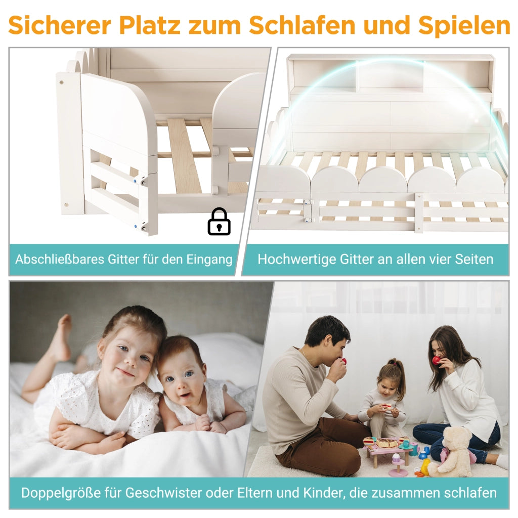 Letto per bambini a pavimento 140 × 190 cm con barriera, porta e ripiano, senza materasso, bianco