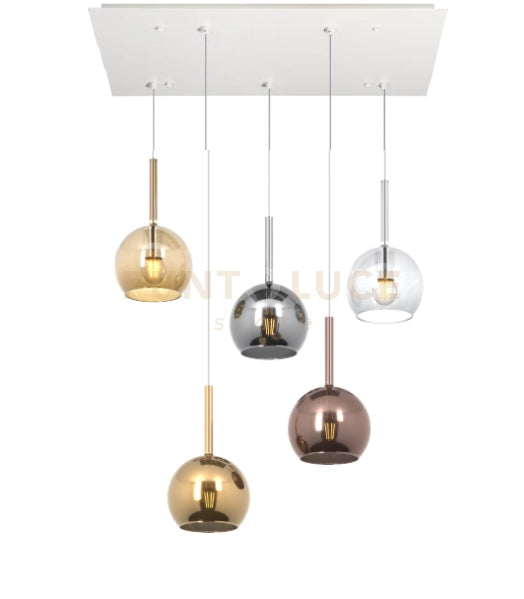 SOSP. BIANCO RETTANGOLARE 5 LUCI VETRI TUTTI PICCOLO TRASPARENTE AMBRA CROMO ORO RAME 1155BI-S5 RP-MC