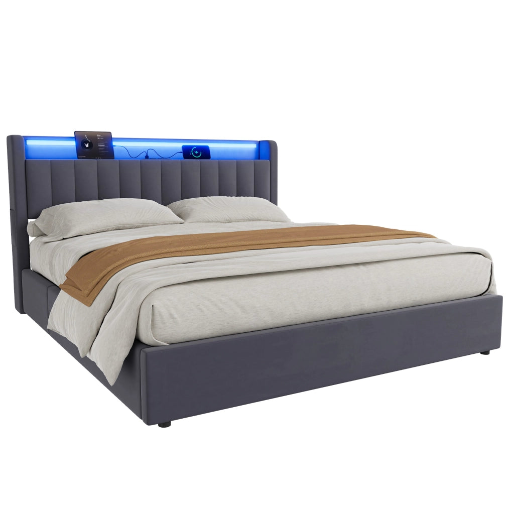 Letto Imbottito 140x200 cm Grigio Scuro in Velluto con Contenitore, USB e Luce d’Atmosfera