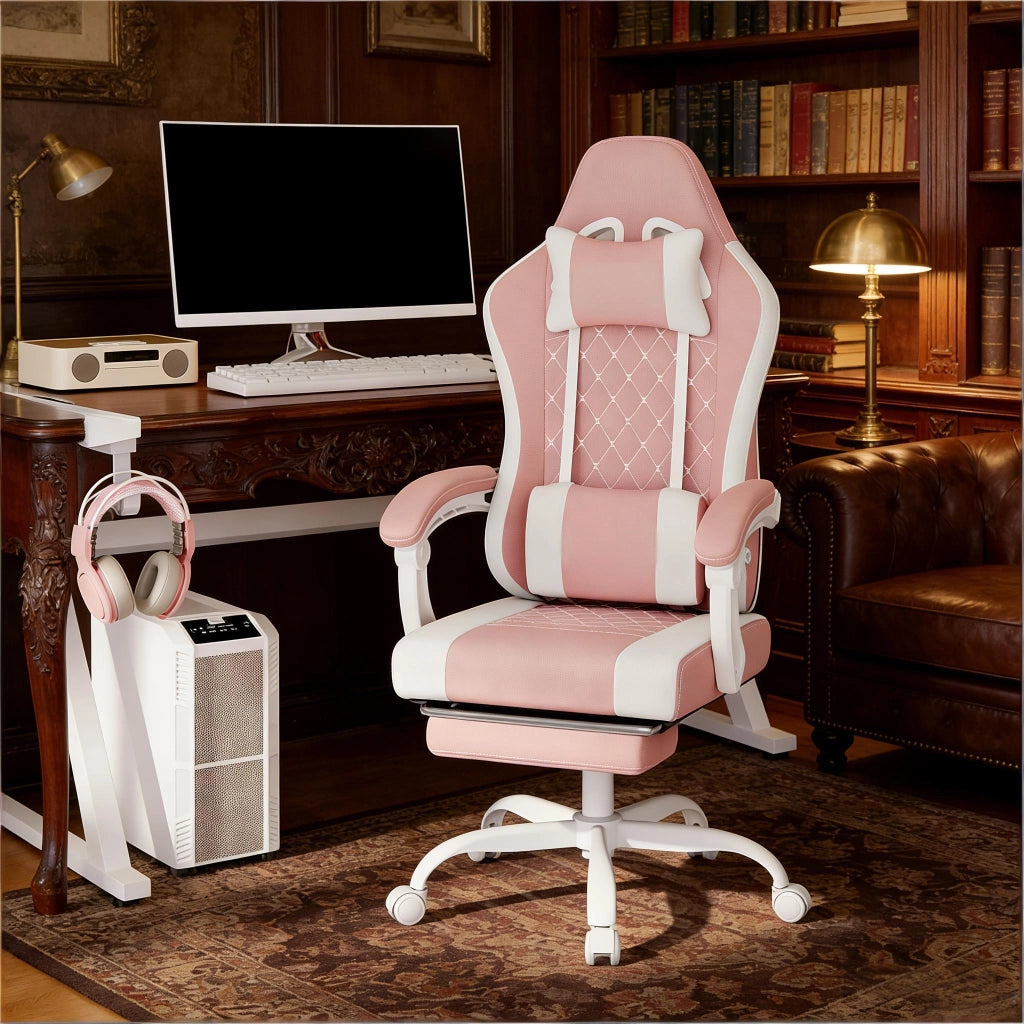 Sedia da ufficio ergonomica girevole con funzione massaggio, poggiapiedi e tessuto mesh rosa e bianco