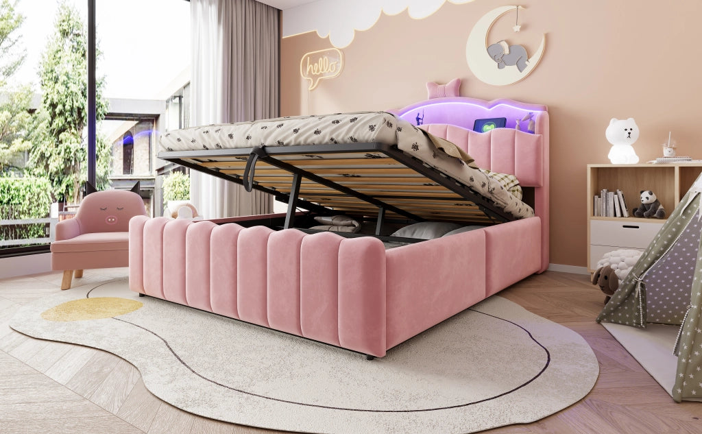 Letto per bambini 140 × 200 cm con contenitore idraulico, LED colorati, USB e USB-C, senza materasso, rosa