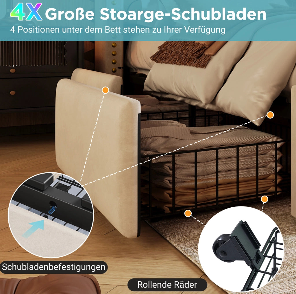 Letto imbottito 140x200 cm beige con LED, cassetti e materasso