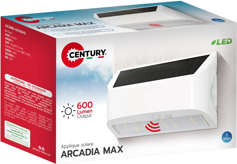 APPLIQUE LED SOLARE + SENSORE ARCADIA MAX CENTURY  NATURALE WATT 6,0 LUMEN 600