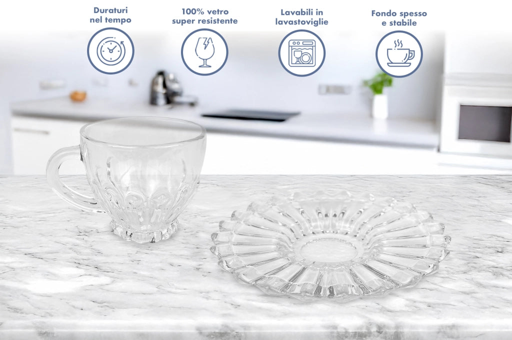Set 6 Tazzine Caffè In Vetro Con Piattino Eleganti 110 ML Lavabili In Lavastoviglie Trasparenti Certificate Contatto Alimentare In Elegante Confezione Regalo Ricamate Tazza Servizio Bicchierini Lipsia