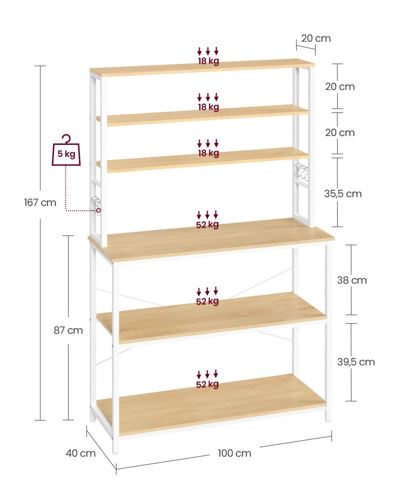 Mensola da cucina mensola per macchina da caffè 6 ripiani e 6 ganci per forno a microonde 40 x 100 x 167 cm struttura in acciaio stile industriale 12_0005681