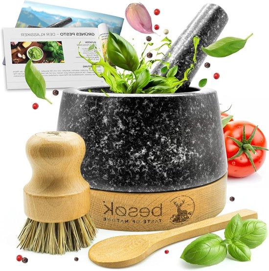 Vijzel per Granito Naturale con Stampatore - Inclusa Spatola in Legno e Libretto di Ricette - 350 ml