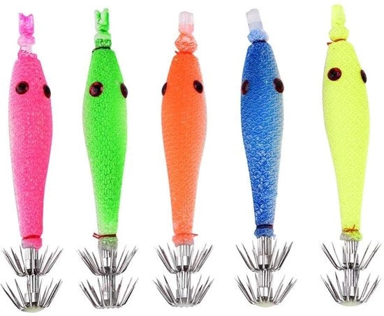 Pescaggio per Calamari a 5 Pezzi - Silicone Sostenibile - Occhi Bionici - Disegno Luminescente - Haken a Doppia Punta Effettiva - Ideale per i Pescatori - Pescaggio per Calamari