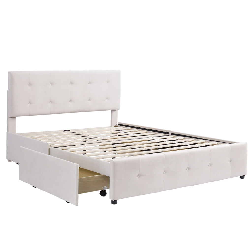 Letto imbottito 140x200 cm beige con testiera, rete a doghe e 4 cassetti