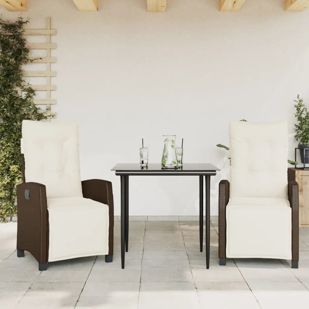 Set da Pranzo da Giardino 3pz con Cuscini in Polyrattan Marrone