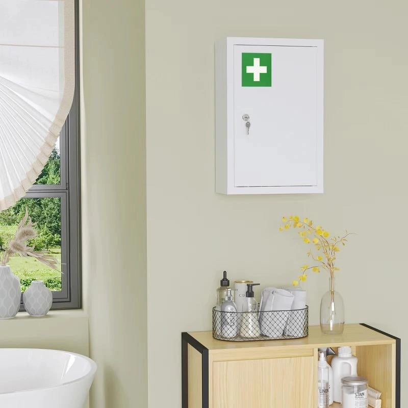 ARMADIETTO MEDICINALI A 3 RIPIANI CON SERRATURA E 2 CHIAVI, IN ACCIAIO, 30X14X46 CM, BIANCO