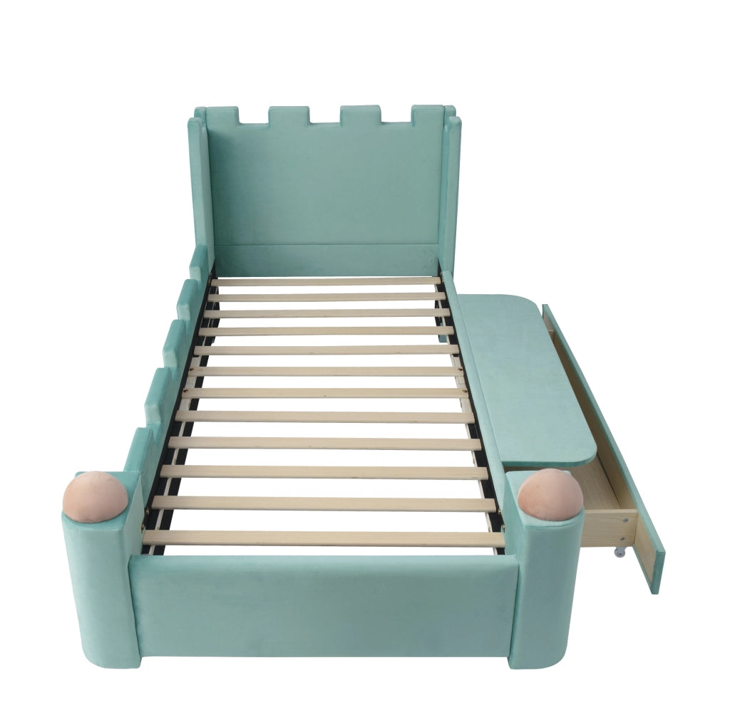 Letto imbottito 90x200 cm con mensola pieghevole e cassetto contenitore in velluto blu verde