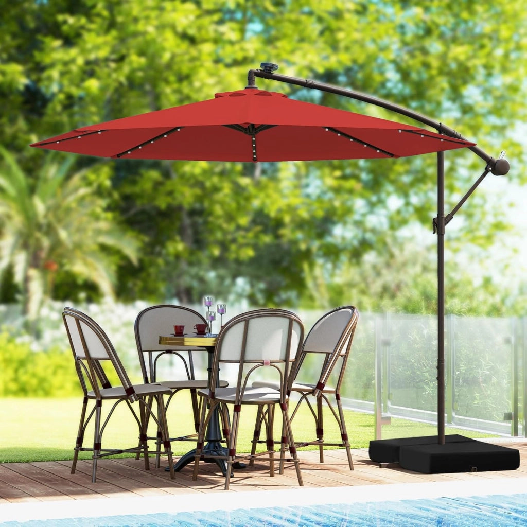 Ombrellone da Giardino con LED e Pannello Solare, Ombrellone Parasole con Sacchi di Sabbia, Anti UV, Impermeabile, Regolabile ad Angolo, Ombrellone da Giardino 3x3 con Manovella