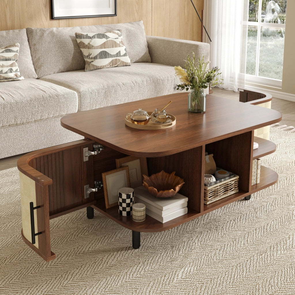 Tavolino basso con forma curva, vani aperti e scomparti laterali, in MDF e metallo, noce, 80 × 60 × 47 cm