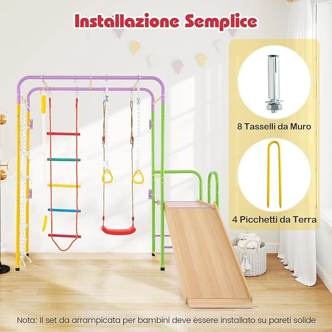 8 in 1 Set da Arrampicata per Bambini, Set Giocattoli Scivolo con Barre Scala Corda Anelli Ginnici e Altalena, Parco Giochi per Bambini 3 Anni +, Carico 100 kg