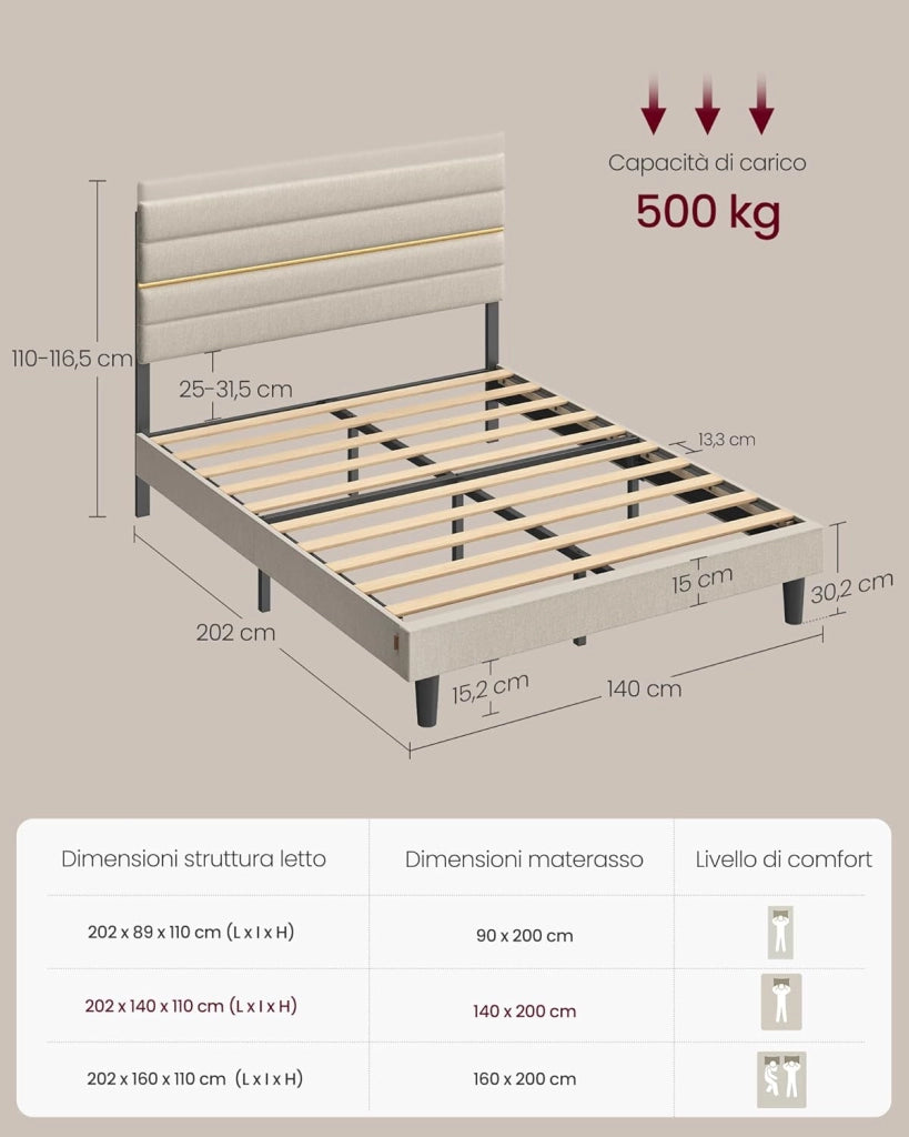 VASAGLE Struttura Letto Matrimoniale, Telaio Letto, per Materasso 140 x 200 cm, Testiera Imbottita Regolabile, Metallo e Legno, Moderno, Beige Cappuccino RMB504LH01