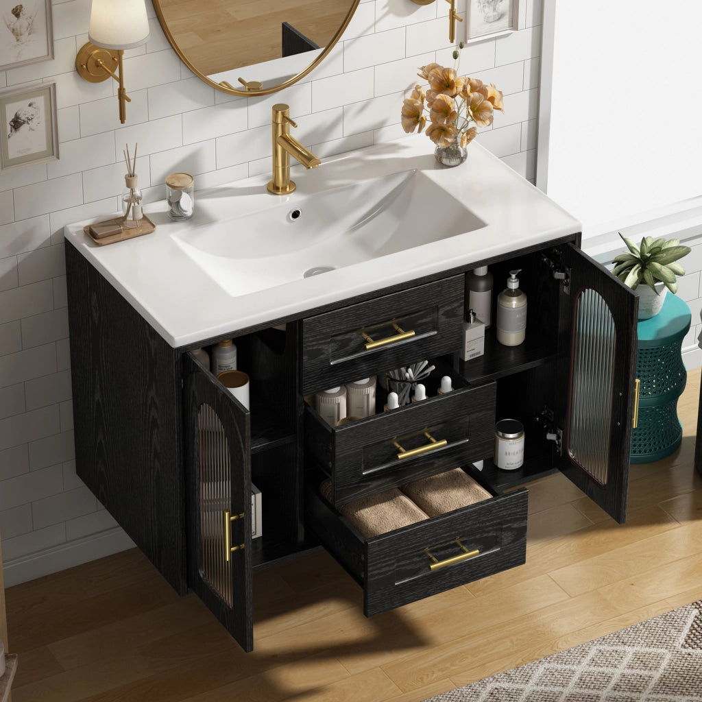 Mobile sottolavabo da bagno con LED, 2 cassetti e ripiani regolabili, anta in vetro rigato, nero, 76 × 46 × 55 cm