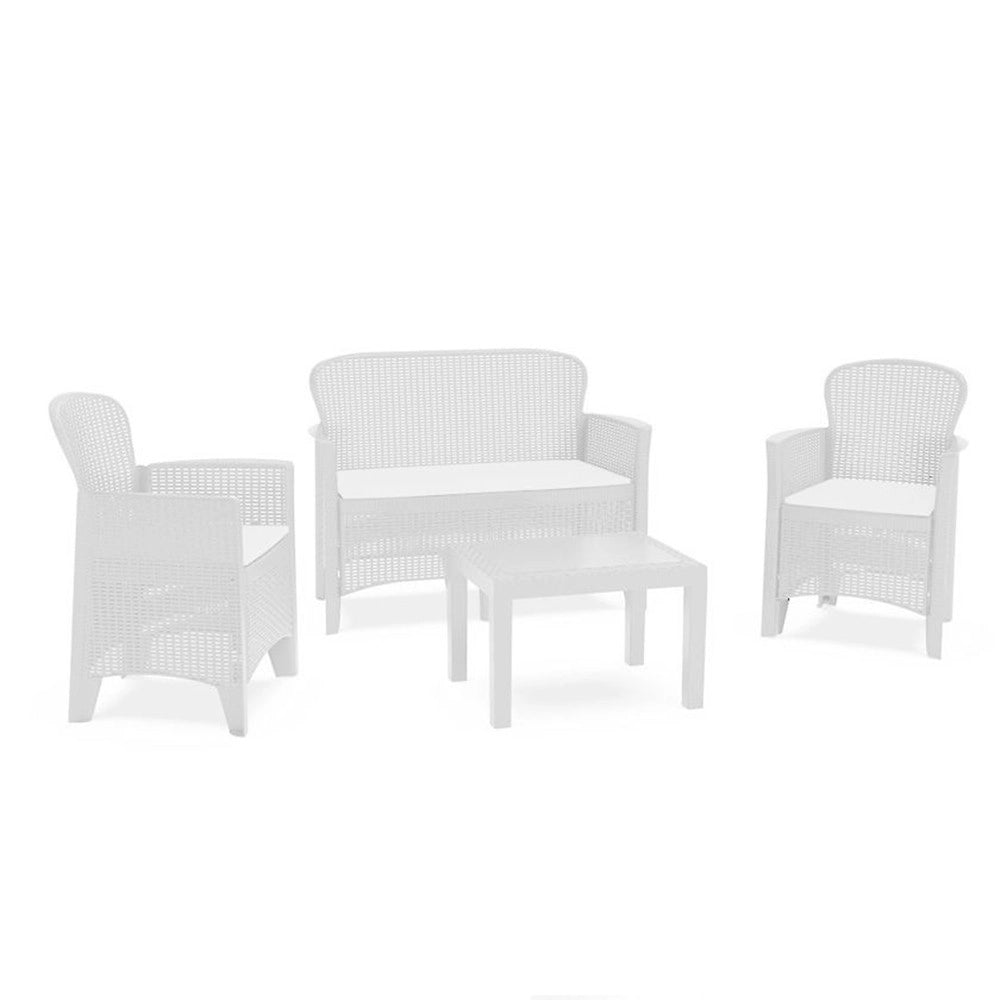 Trade Shop - Set Salotto Giardino Con Divano 2 Poltrone Tavolino Cuscini Effetto Rattan Bianco 156036 -
