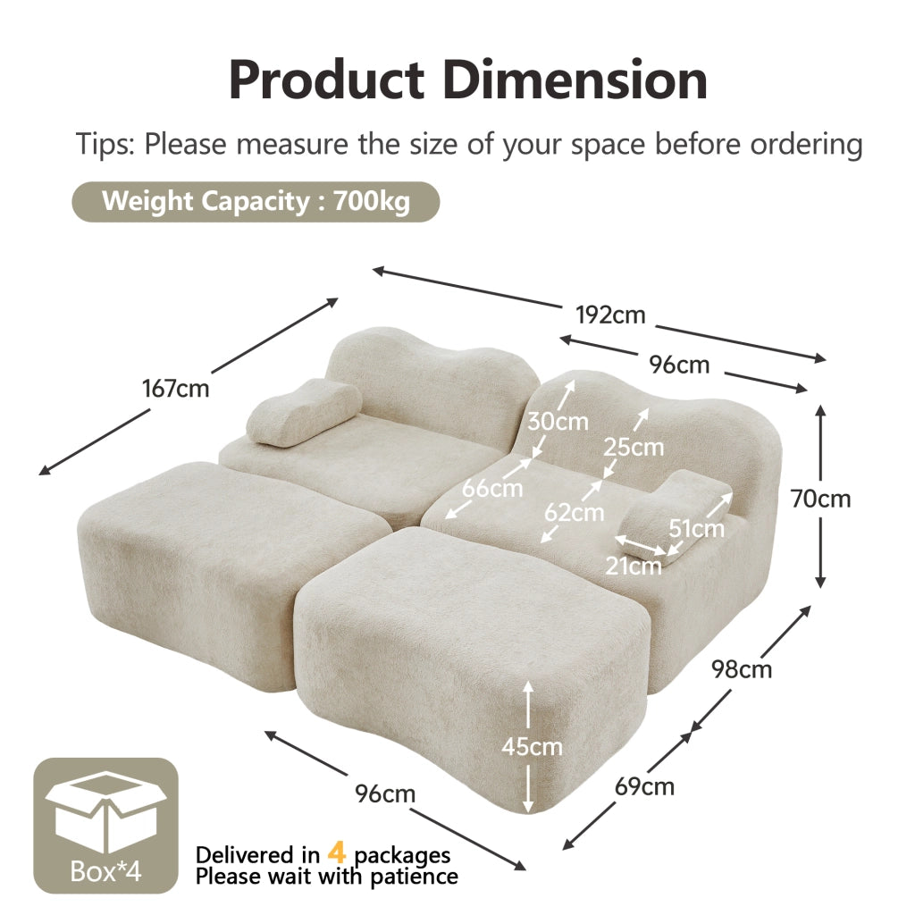 Divano modulare senza struttura con 2 pouf e seduta profonda in velluto beige antiscivolo per soggiorno