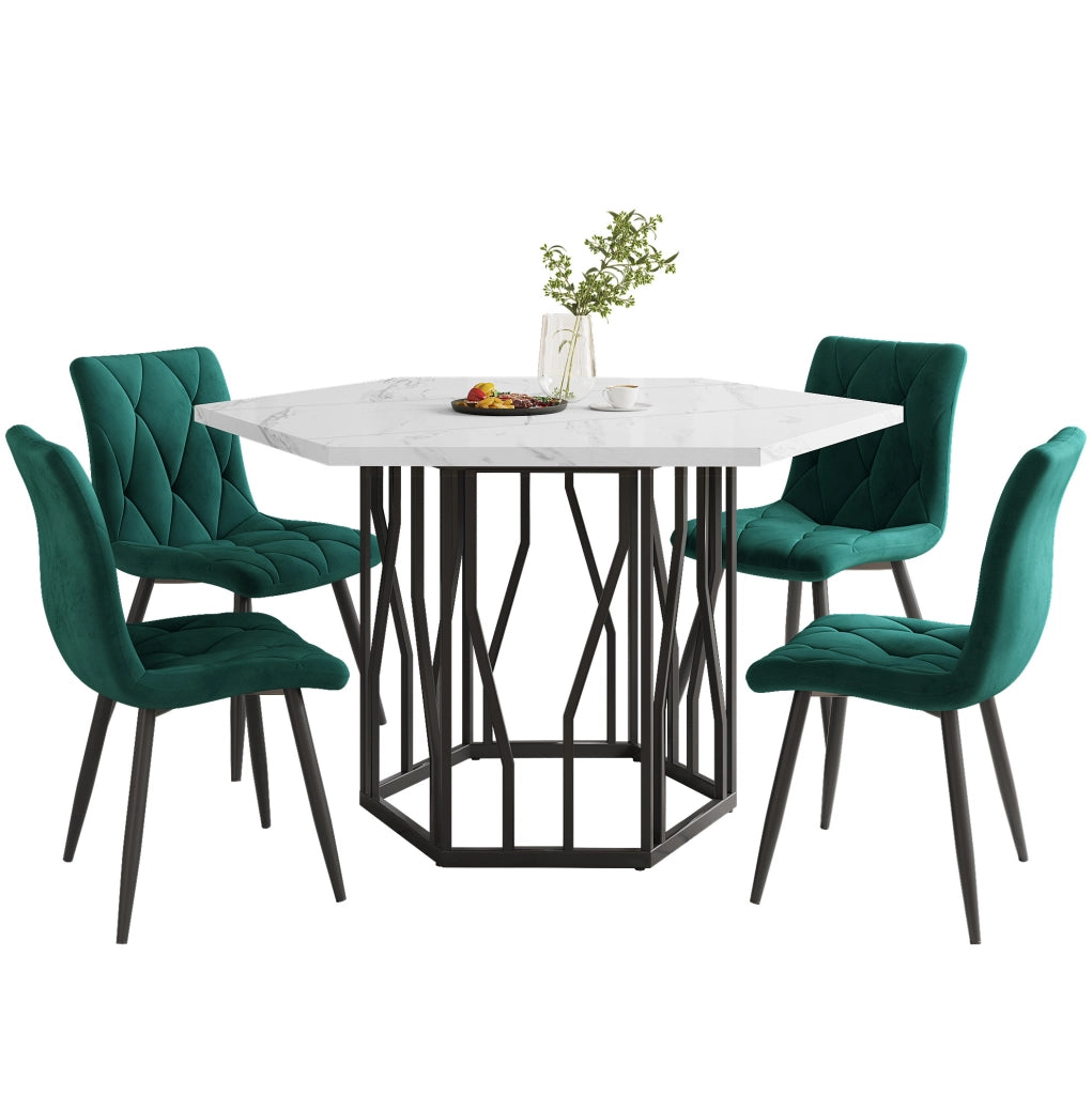 Set tavolo da pranzo 115;5x100 cm; design esagonale; MDF e acciaio; nero bianco e verde