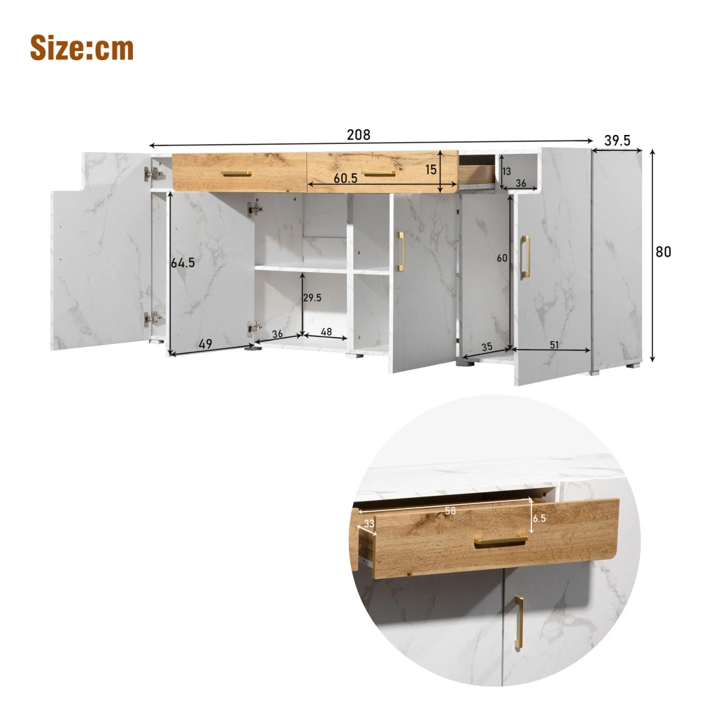 Credenza con 4 ante e 2 cassetti; 4 ripiani - per soggiorno - in truciolare e PVC - 208×39.5×80 cm - bianca