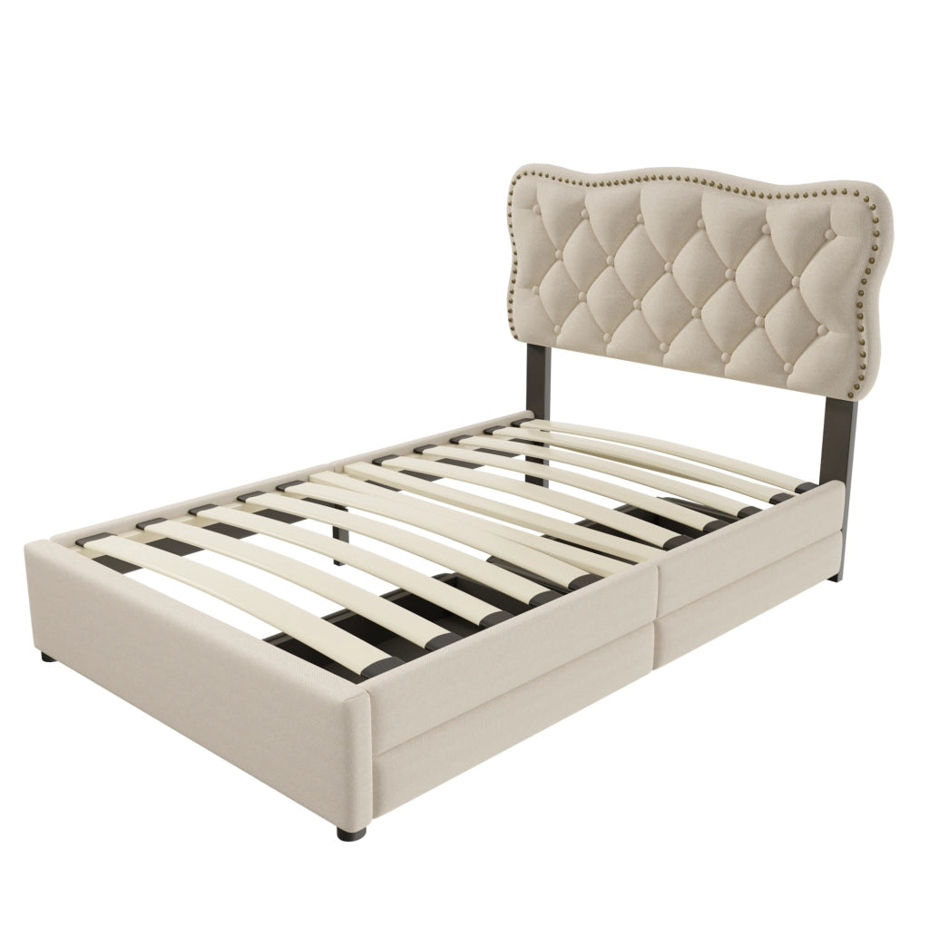 Letto imbottito 90x200 cm beige scuro con comodini regolabili e doppio cassetto contenitore