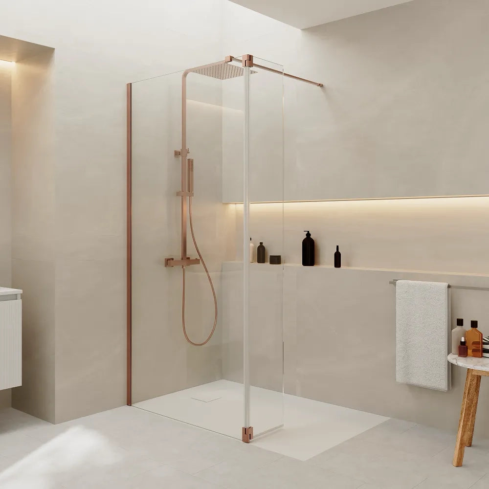 Doccia walk-in 110cm + anta girevole 40cm vetro 8mm trasparente anticalcare profili rame spazzolato h200 | Keros