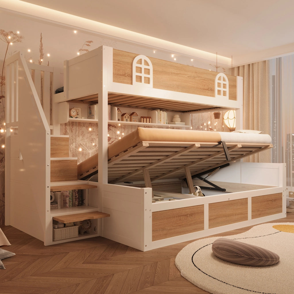 Letto a castello con scala contenitore 90x200 e 140x200 cm in legno bianco e naturale