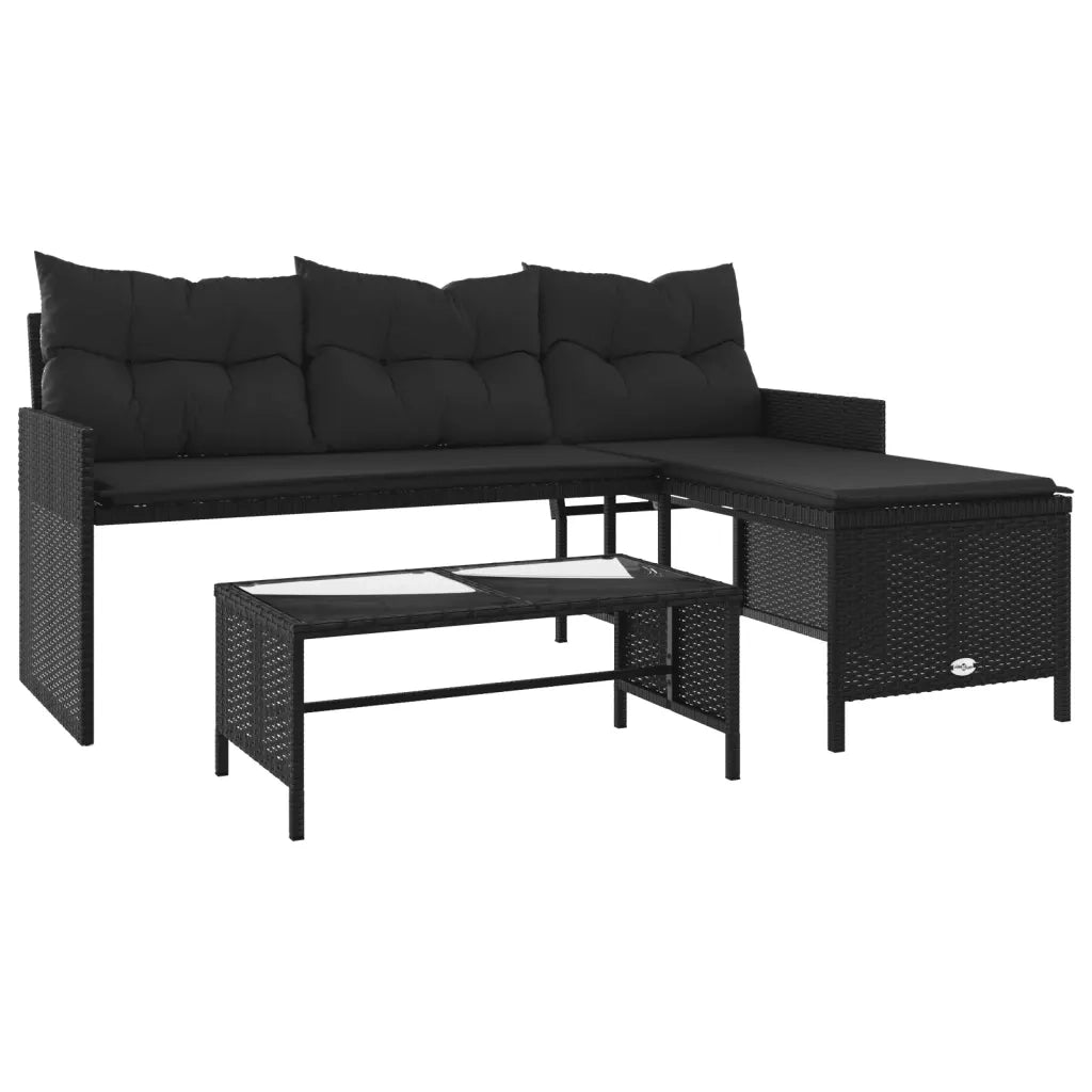 Divano da Giardino con Tavolo e Cuscini a L Nero in Polyrattan 365572