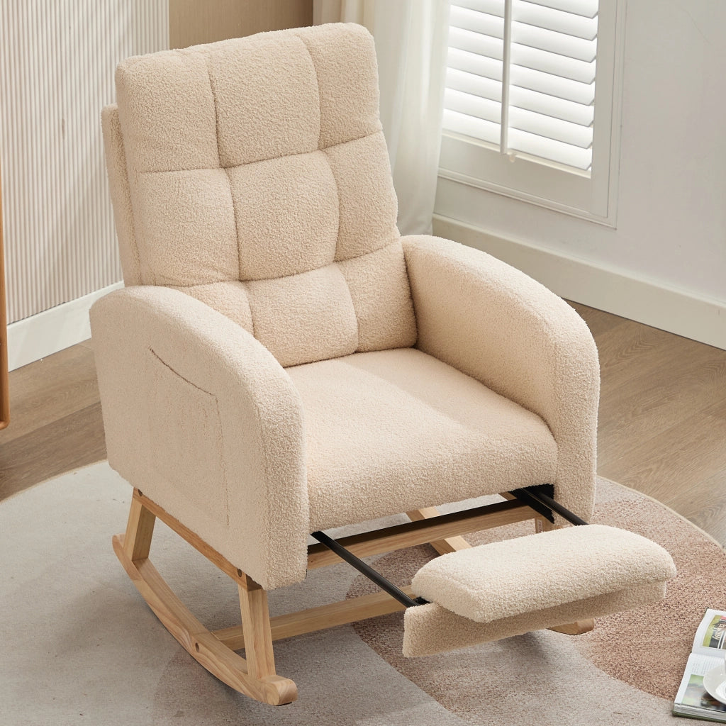 Poltrona a dondolo ergonomica con tasca laterale e schienale alto in tessuto bouclé beige per relax 132 × 50 × 99 cm