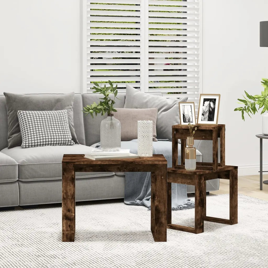 Tavolini Impilabili 3 pz | Tavolo laterale Rovere Fumo in Legno Multistrato