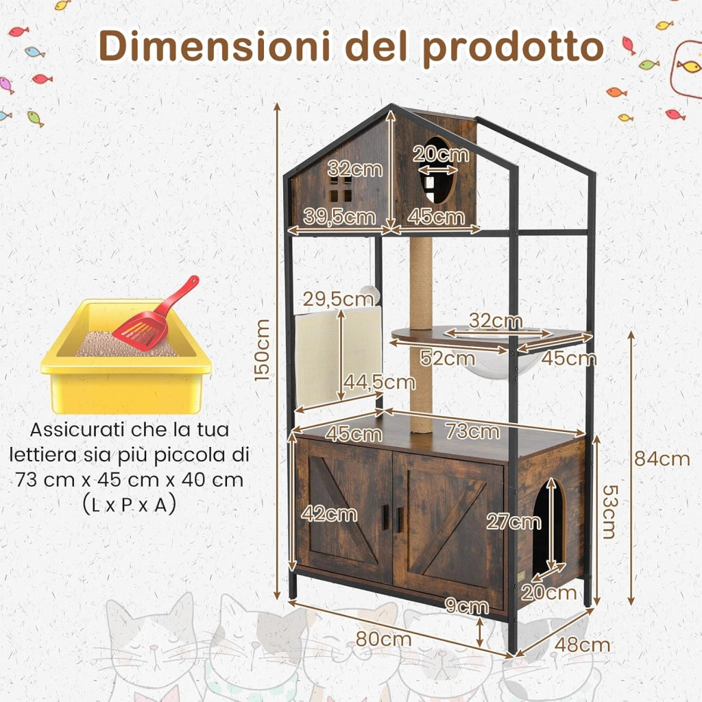Albero per Gatti 80 x 48 x 150 cm, Lettiera Gatto Chiusa con Posti per Graffiare, Cuscino, Amaca e Palla Pendente, Torre per Animali Domestici in Metallo e Corda di Juta