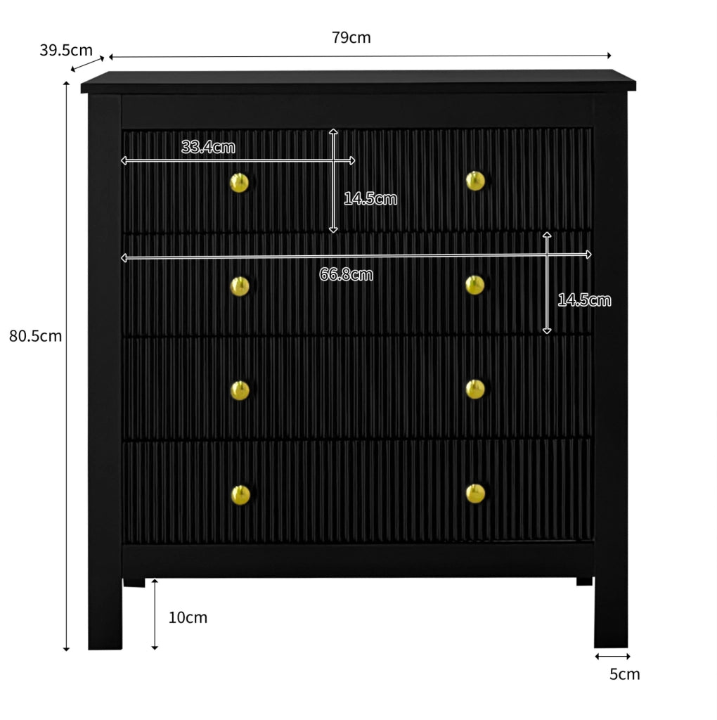 Kommode mit 5 Schubladen, schwarze Spanplatte, Goldgriffe, 79x80,5x39,5 cm