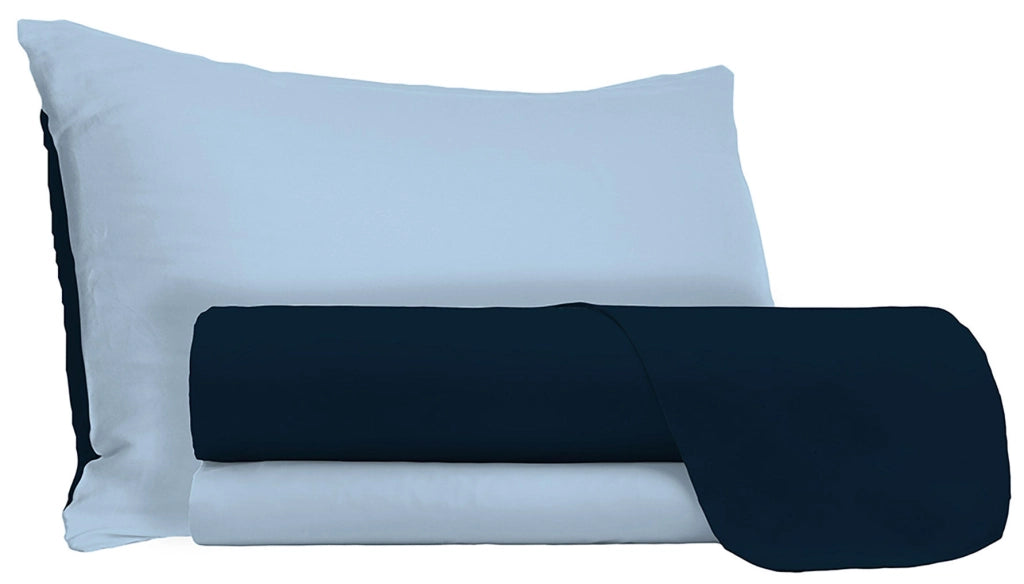 Set Lenzuola 1 Piazza e Mezzo Sopra Sotto e Federe Doubleface Blu Scuro/Azzurro
