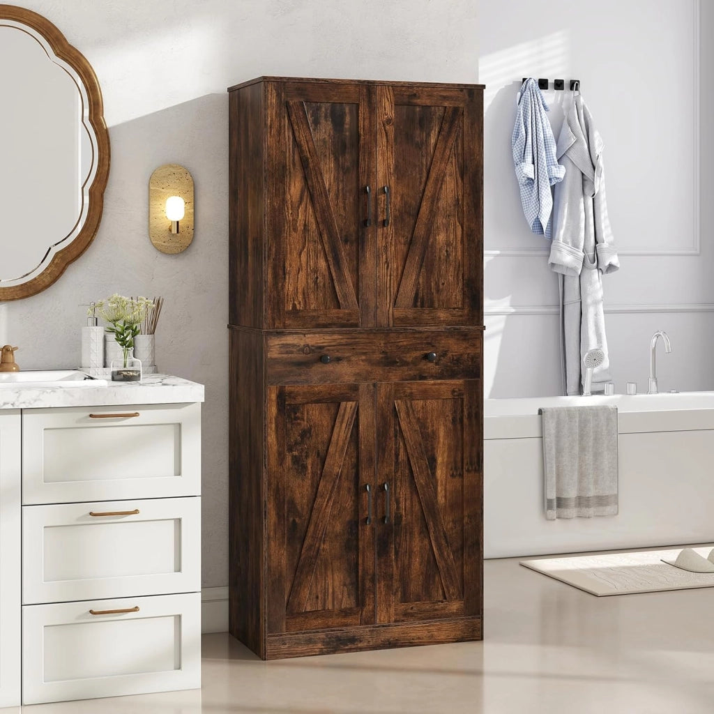 Armadio alto da cucina con 4 ante e 1 cassetto, dispensa in legno con ripiani regolabili, 77 x 39 x 183 cm, mobile per soggiorno, sala da pranzo, bagno (marrone)