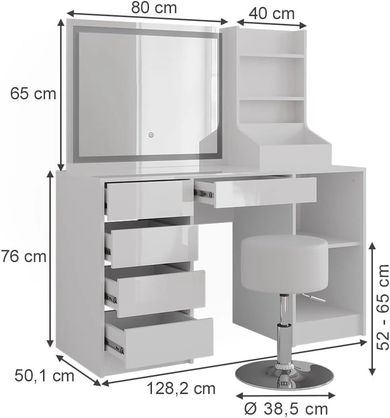Tavolo da toeletta Sherry, Bianco/bianco lucido, 128.2 cm 4 parti