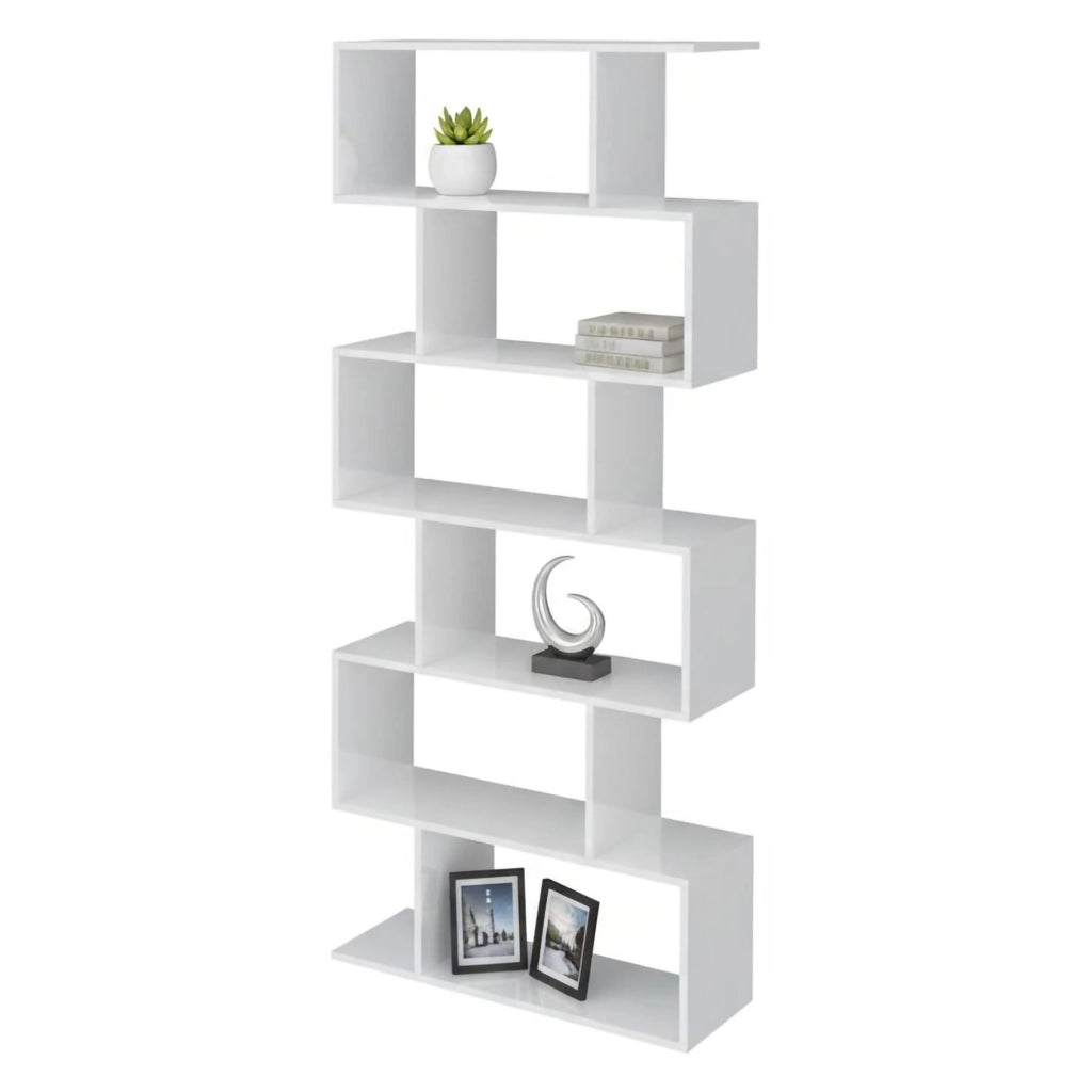 Libreria alta bifacciale a 6 Alowha, Made in Italy, Scaffale per libri e documenti, Libreria a zig zag da ufficio, cm 80x25h192, Bianco lucido