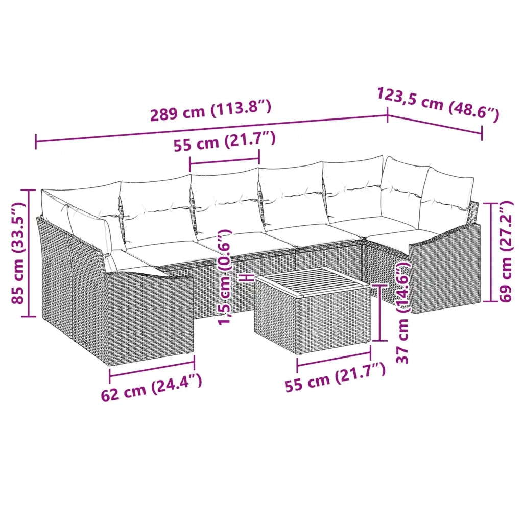 Set Divano da Giardino con cuscino 8 pcs Nero polyrattan