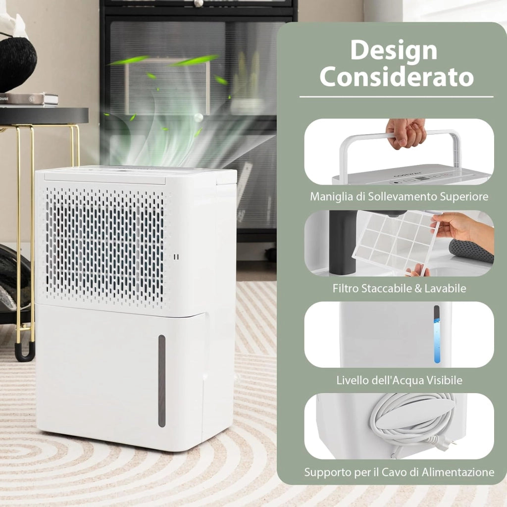 12L Deumidificatore per Casa, Silenzioso ed Efficiente con Modalità Continua/Asciugatura/Auto, Timer 24 Ore, Maniglia Portatile, Ideale per Cantine Bagno e Camere da Letto