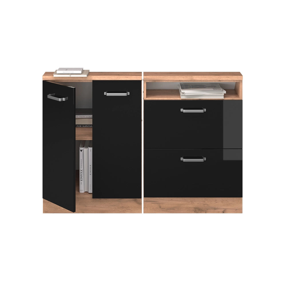 Mobile cucina sottotetto R-Line Nero lucido/Rovere dorato 120 cm Set di 2 Vicco