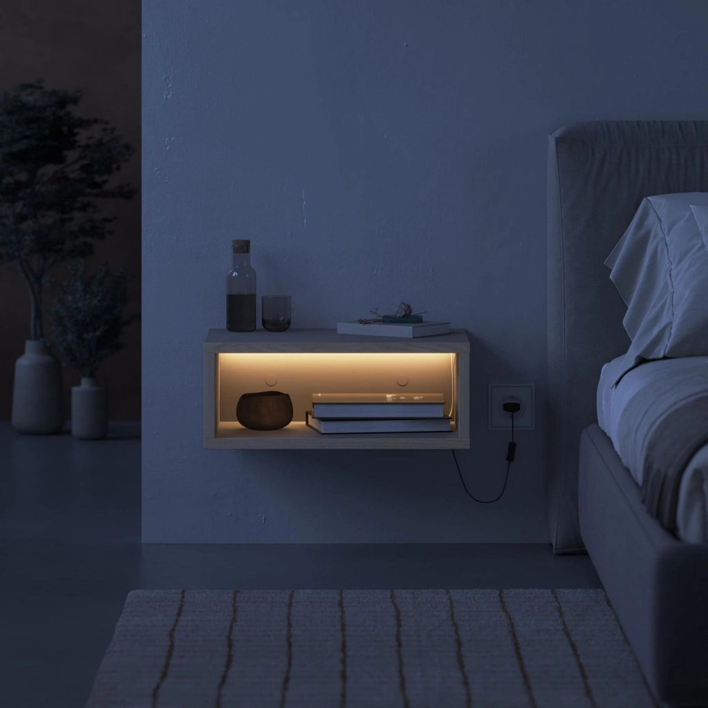 Comodino in legno "Brik" con illuminazione a LED - 45 x 30 x 18 cm - Pietra arenaria