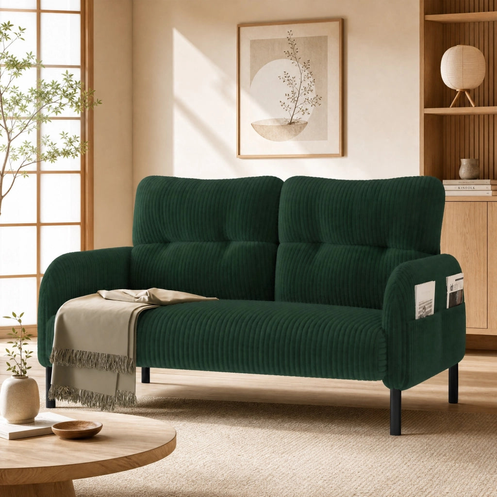 Divano 2 posti in corduroy verde smeraldo 120 x 75 x 79 cm con tasca laterale e gambe in metallo